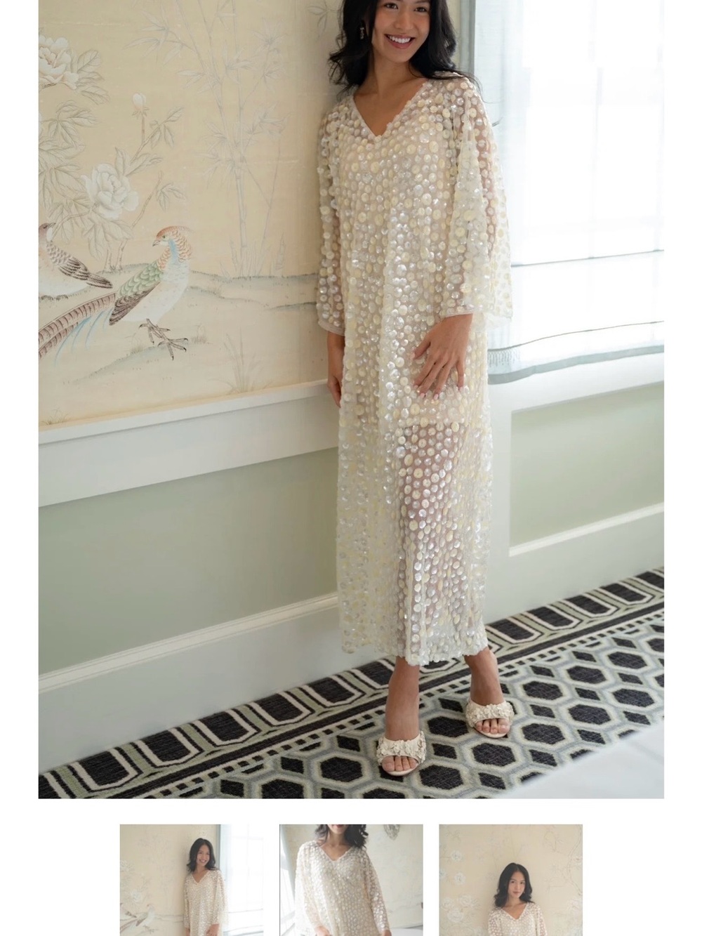 Sequined Ivory Sheer V-Neck Maxi Dress